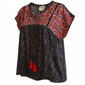 Savanna Jane floral animal Black pink embroidered plus Blouse 1XL tassel vneck